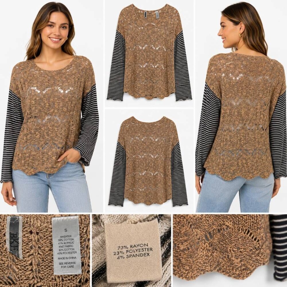 BKE S Tan Knit Sweater with Striped Long Sleeves